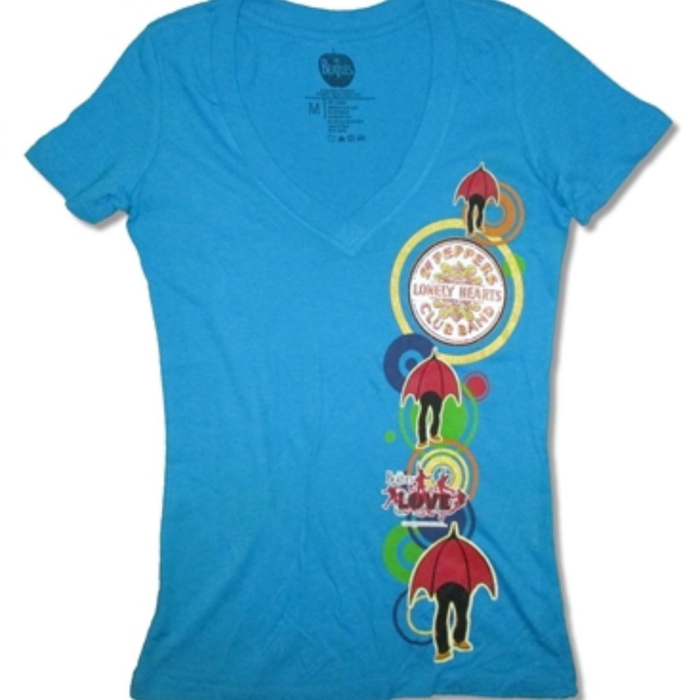 Beatles Blue Umbrellas Womens V-Neck T-Shirt